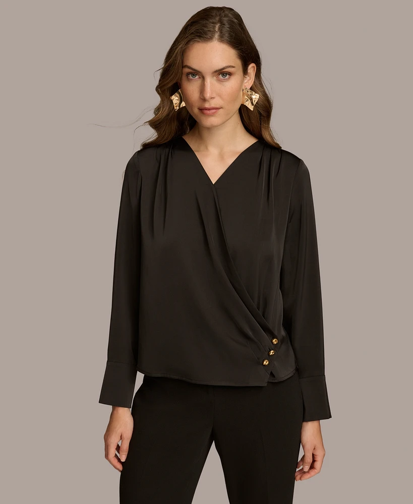 Donna Karan New York Women's Long Sleeve Faux-Wrap Satin Blouse