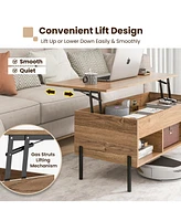 Sugift Living Room Central Table with Lifting Tabletop and Metal Legs-Natural