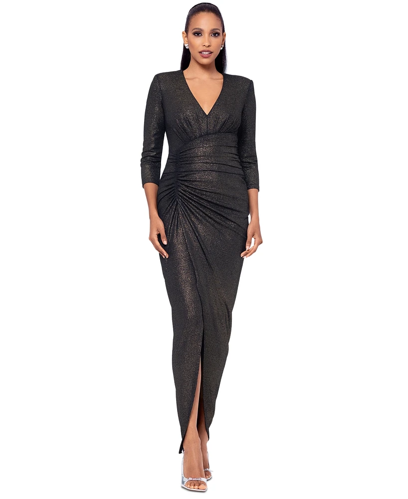 Xscape Petite Ruched Metallic Long-Sleeve Gown