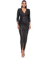 Xscape Petite Ruched Metallic Long-Sleeve Gown