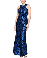 Sl Fashions Petite Women's Flocked Velvet Halter Gown