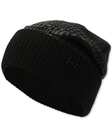 Michael Michael Kors Logo Charm Ribbed Trim Croc-Embossed Beanie