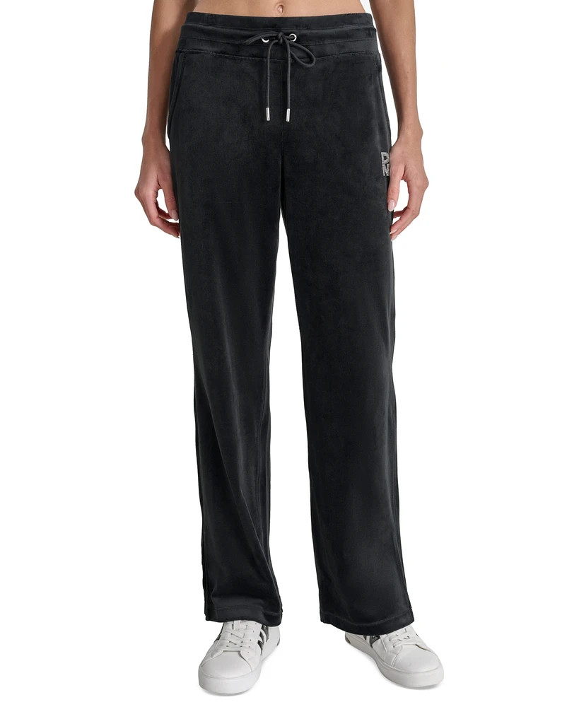 Dkny Women's Velour Rhinestone-Logo Side-Slit Track Pants