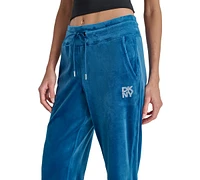 Dkny Women's Velour Rhinestone-Logo Side-Slit Track Pants