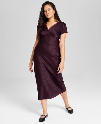 And Now This Women's Satin Bow Print Short-Sleeve V-Neck Midi Dress, Created for Macy's