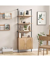 Sugift 71 Inch 6-Tier Wall Mounted Ladder Bookshelf with Rattan Cabinet-Natural