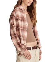 Lucky Brand Women's Cotton Raw Edge Plaid Cropped Button Down Top