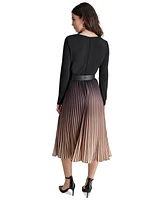 Dkny Petite Belted Ombre Long-Sleeve Pleated-Skirt Dress