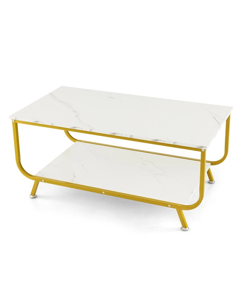 Givimo 2-Tier Faux Marble Top Rectangular Coffee Table with Metal Frame-White