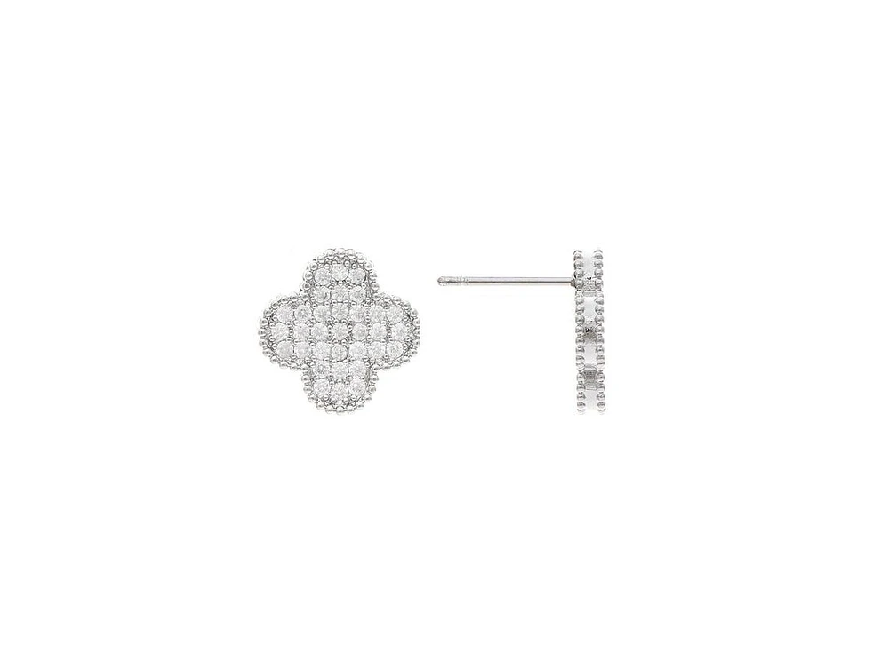 Rivka Friedman Rhodium Pave Clover Stud Earrings