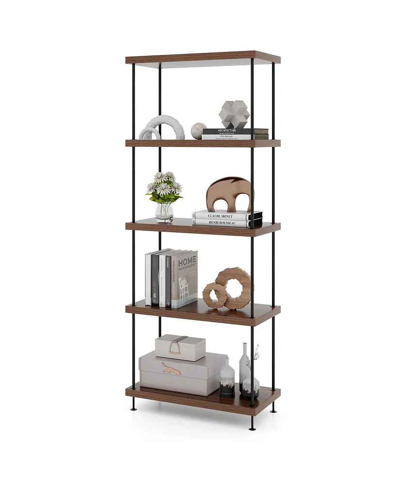 Gymax 5-Tier Multipurpose Display Rack Freestanding Bookshelf w/ Metal Frame Walnut