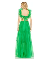 Mac Duggal Women's Ruffled Shoulder Cut Out Soft Tie Back Tiered Gown