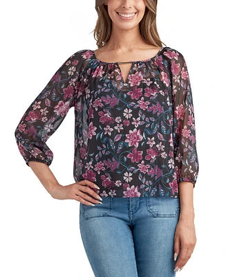 Bcx Juniors' Printed Round-Neck 3/4-Sleeve Blouse