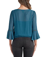 Bcx Juniors' Texture Sheer-Woven V-Neck Flare-Sleeve Top