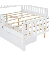 Full Size Wood Platform Bed with Guardrails on Both Sides and Two Storage Drawers, Gray