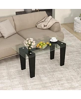 Sugift 39.5 Inch Glass Coffee Table Modern Rectangular Center Table with Solid Rubber Wood Legs-Black