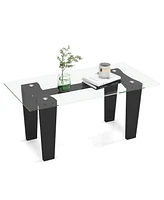 Sugift 39.5 Inch Glass Coffee Table Modern Rectangular Center Table with Solid Rubber Wood Legs-Black