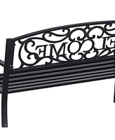 50" Black Metal Welcome Bench with Slatted Seat for Outdoor Spaces