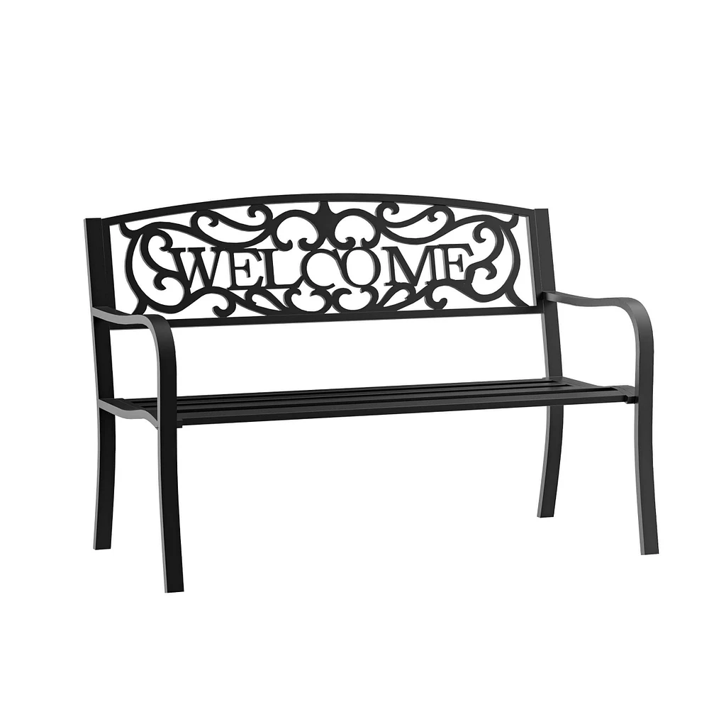 Streamdale Furniture 50" Black Metal Welcome Bench with Slatted Seat for Outdoor Spaces