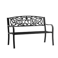 Simplie Fun 50" Black Metal Welcome Bench with Slatted Seat for Outdoor Spaces