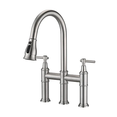 Simplie Fun Double Handle Bridge Kitchen Faucet With Pull-Down Spray Head