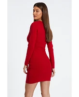 Quiz Women's Knit Diamante Trim tie Neck Long Sleeve Mini Sweater Dress