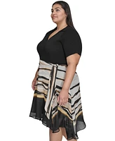 Dkny Plus Size Mixed-Media Belted High-Low Dress