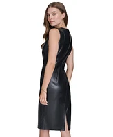 Halston Women's Faux-Leather Sleeveless Sheath Dress