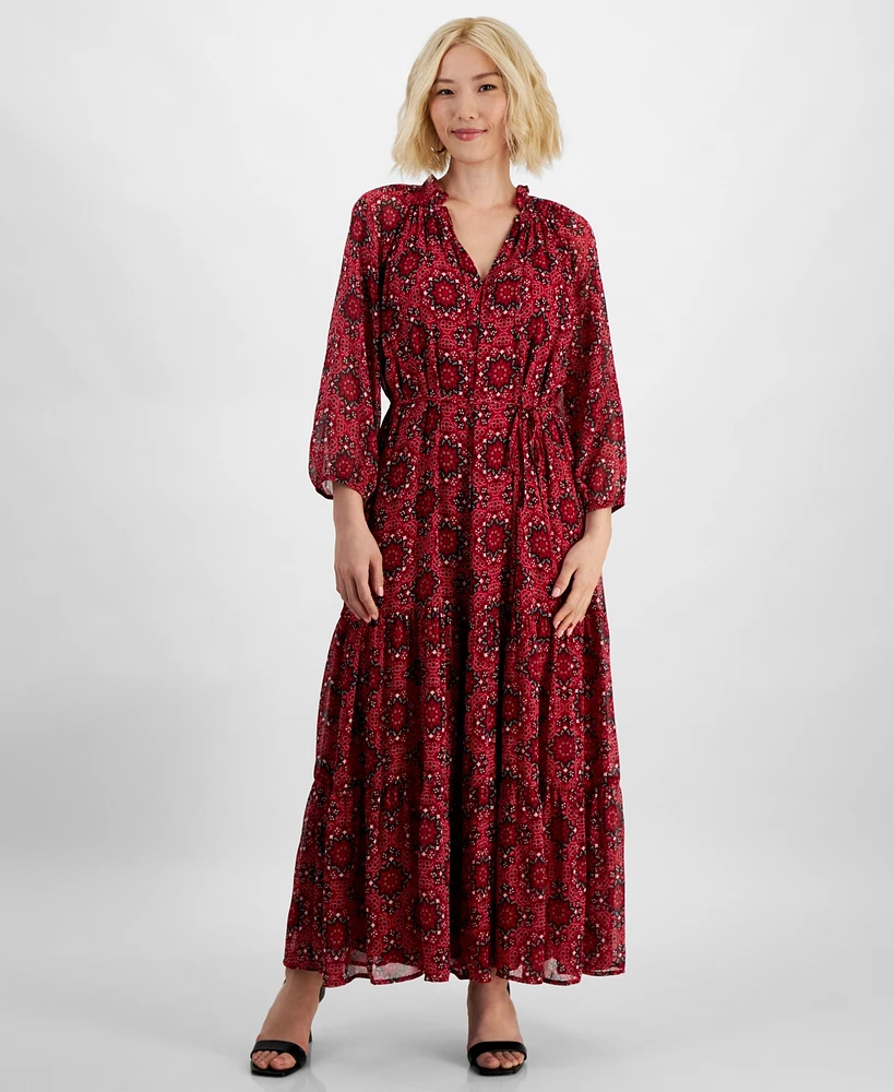 Tinsel Petite Paisley-Print Tiered 3/4-Sleeve Maxi Dress