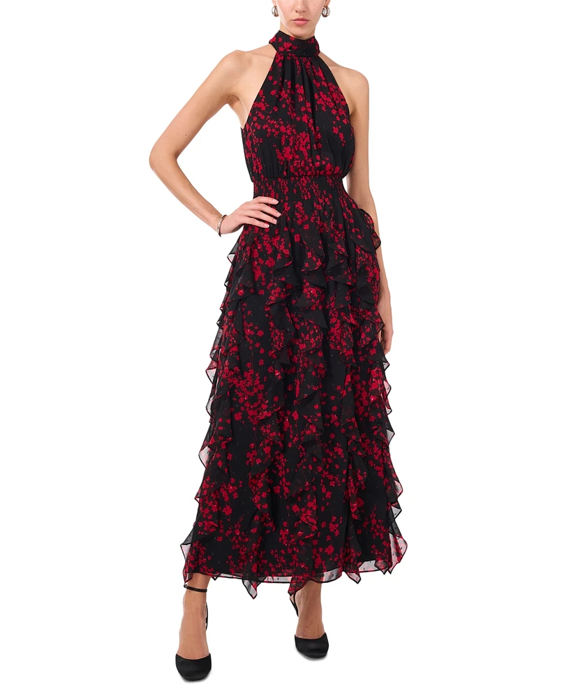 1.state Women's Halter Cascade-Ruffle Maxi Dress