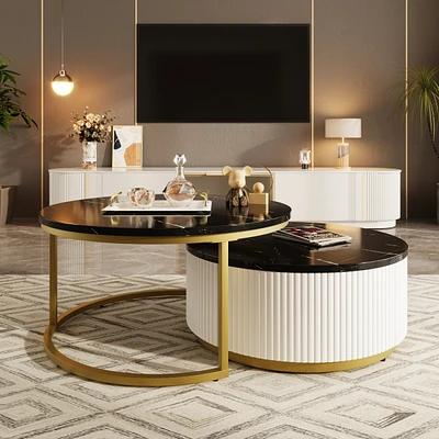 Simplie Fun Modern Round Nesting Coffee Table Fluted with Drawer in Black & Gold in 31.5"