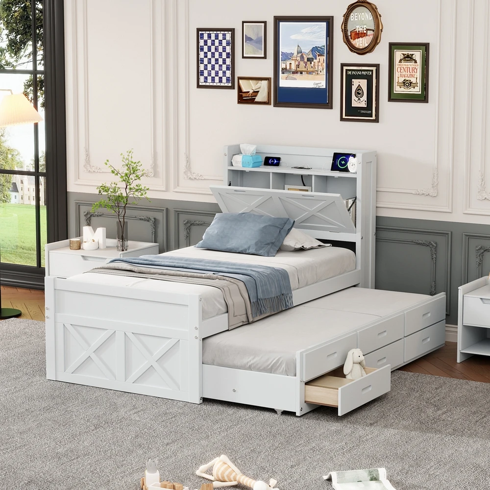 Streamdale Furniture Twin Bed with Storage Headboard and Trundle