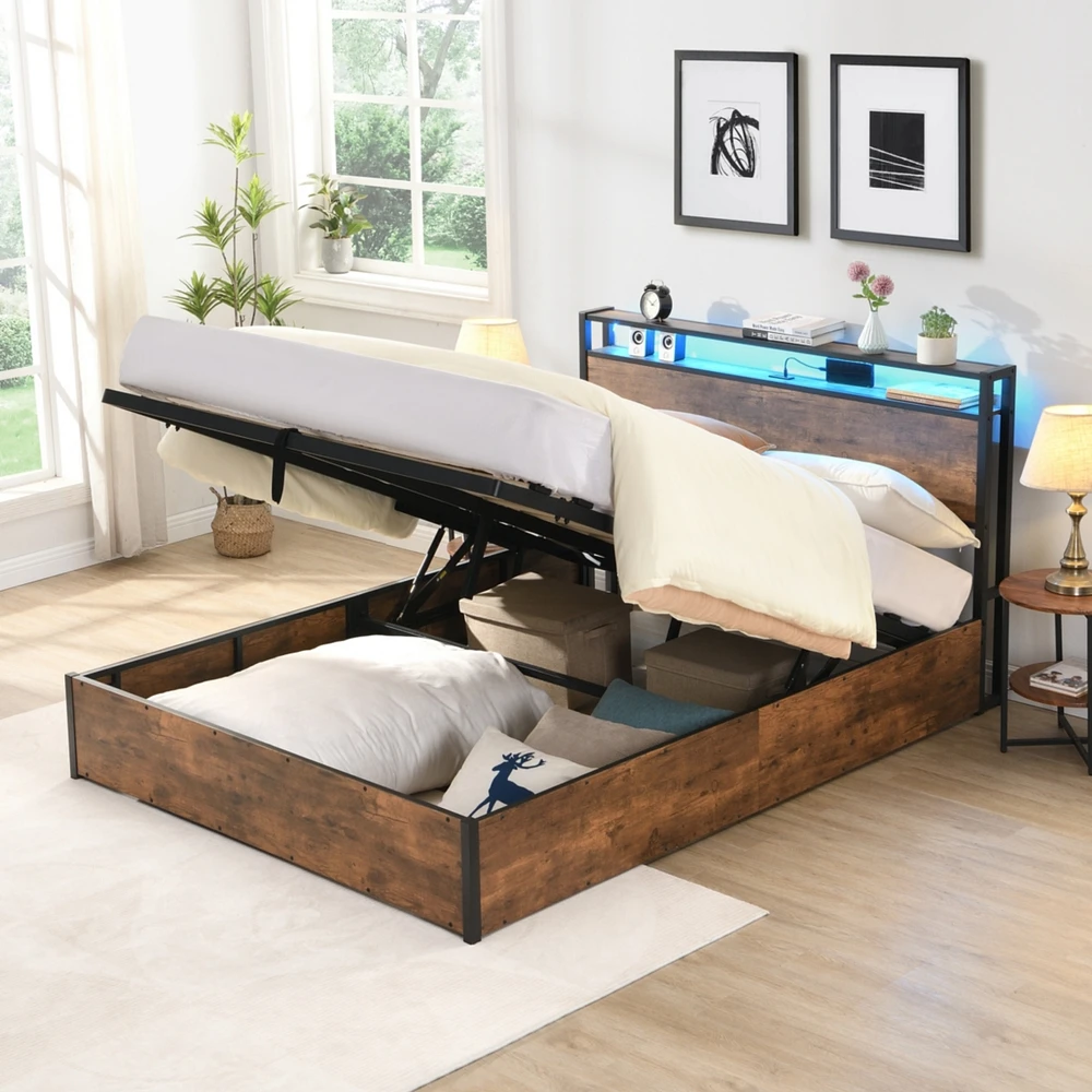 Streamdale Furniture Full Size Lift-up Storage Bed Frame with Headboard and Charging Station