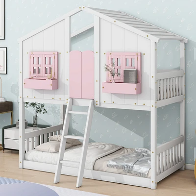 Simplie Fun Twin Loft House Bunk Bed with Roof and Accessories