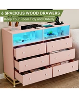 gaomon 6 Drawer Double Dresser Tv Stand with Power Outlet & Led Light - Wood Dresser for Nursery, Living Room, Hallway