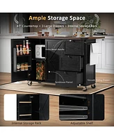 Black Farmhouse Kitchen Island with Storage, Drop Leaf, Power Outlet, Wheels