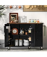 Streamdale Furniture Black Farmhouse Kitchen Island with Storage, Drop Leaf, Power Outlet, Wheels