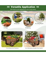 Sugift Wooden Wagon Planter Box with Wheels Handles and Drainage Hole-Rustic Brown