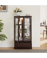 Streamdale Furniture Lighted Glass Curio Cabinet, Adjustable Shelves, 2 Doors, Drawer, Bulb, Cherry