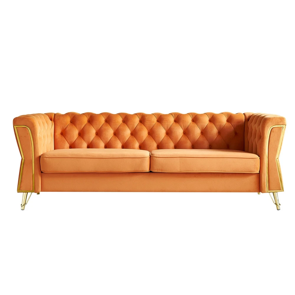 Simplie Fun Modern Tufted Velvet Sofa 87.4 inch for Living Room Orange Color