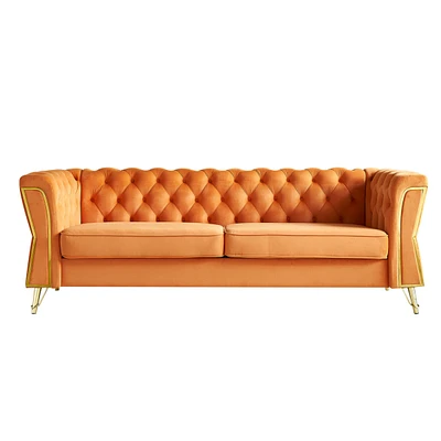 Simplie Fun Modern Tufted Velvet Sofa 87.4 inch for Living Room Orange Color