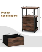 Skonyon 3-Tier Retro Nightstand with 2 Removable Fabric Drawers and Open Shelf-Walnut