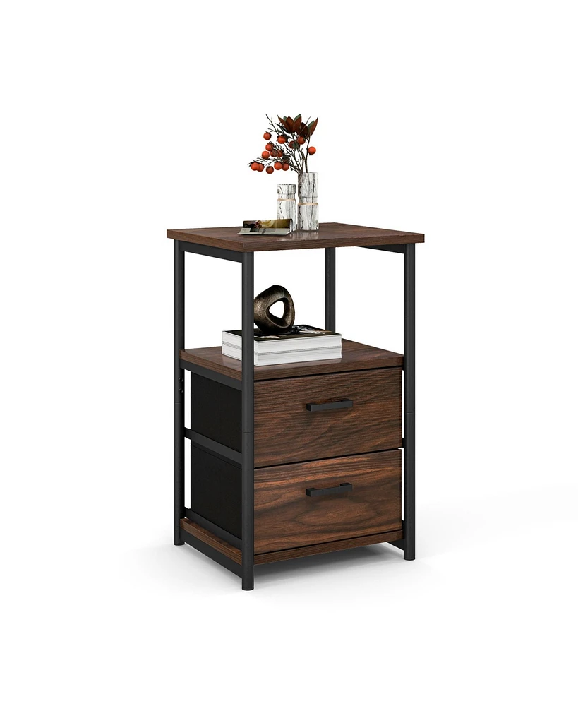 Skonyon 3-Tier Retro Nightstand with 2 Removable Fabric Drawers and Open Shelf-Walnut