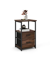 Skonyon 3-Tier Retro Nightstand with 2 Removable Fabric Drawers and Open Shelf-Walnut