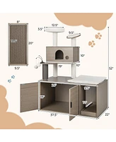 Sugift 2-in-1 Modern Cat Tower with Litter Box Enclosure for Indoor Cars-Gray