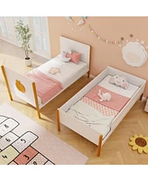 Skonyon Twin Over Twin Bunk Bed with Integrated Ladder and Safety Guardrails-Twin Size