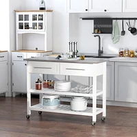 Kitchen Island with Stainless Steel Top, Open Shelves, and Drawers, Gray