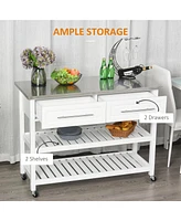 Kitchen Island with Stainless Steel Top, Open Shelves, and Drawers, Gray