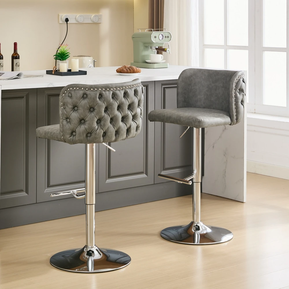 Streamdale Furniture Adjustable Height Chrome Swivel Barstools with Tufted Upholstery (Set of 2)