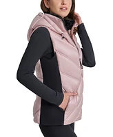 Dkny Women's Hooded Puffer Vest with Contrast Scuba and Teddy Faux Fur Collar